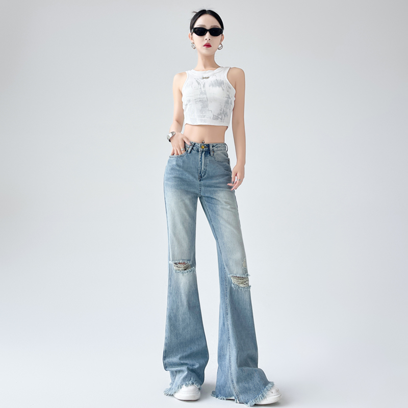 High waist blue jeans washed flare pants for women