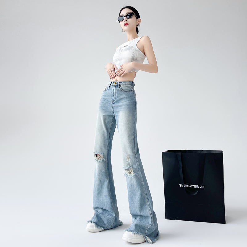 High waist blue jeans washed flare pants for women