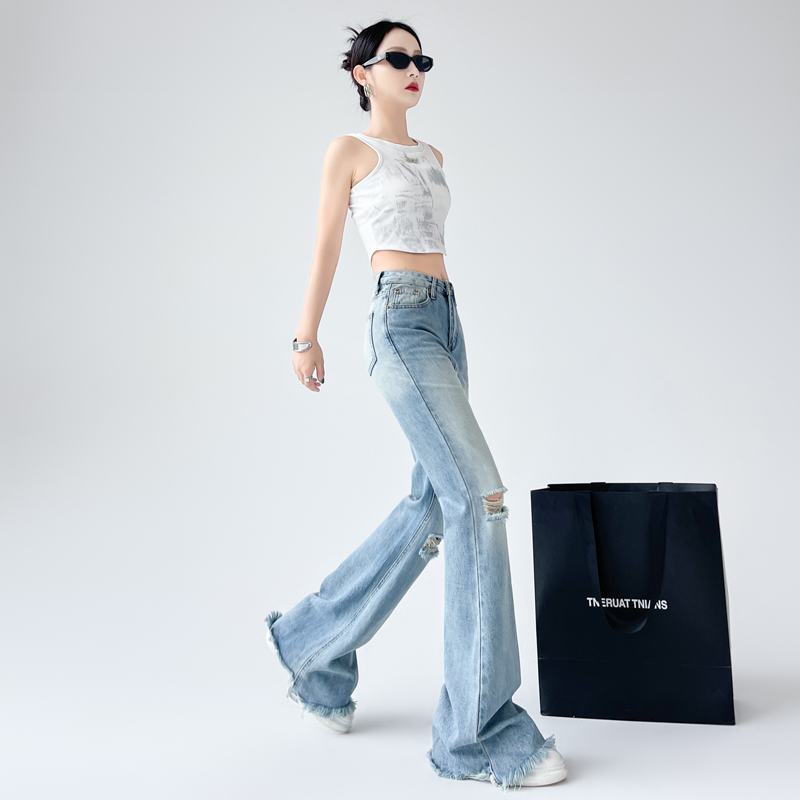 High waist blue jeans washed flare pants for women