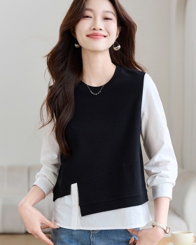 Spring splice tops knitted irregular hoodie for women