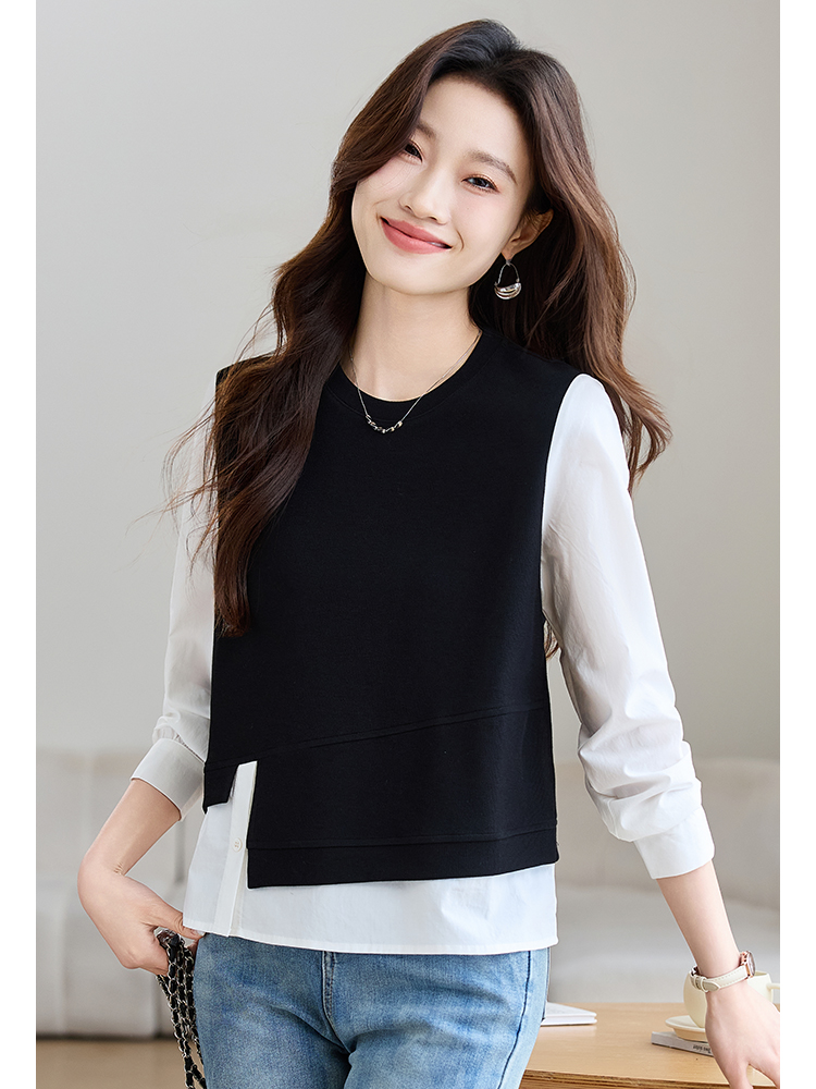 Spring splice tops knitted irregular hoodie for women