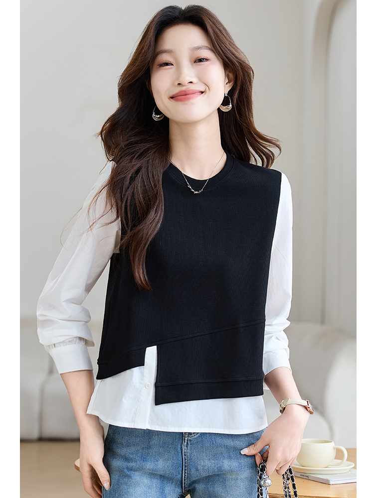 Spring splice tops knitted irregular hoodie for women