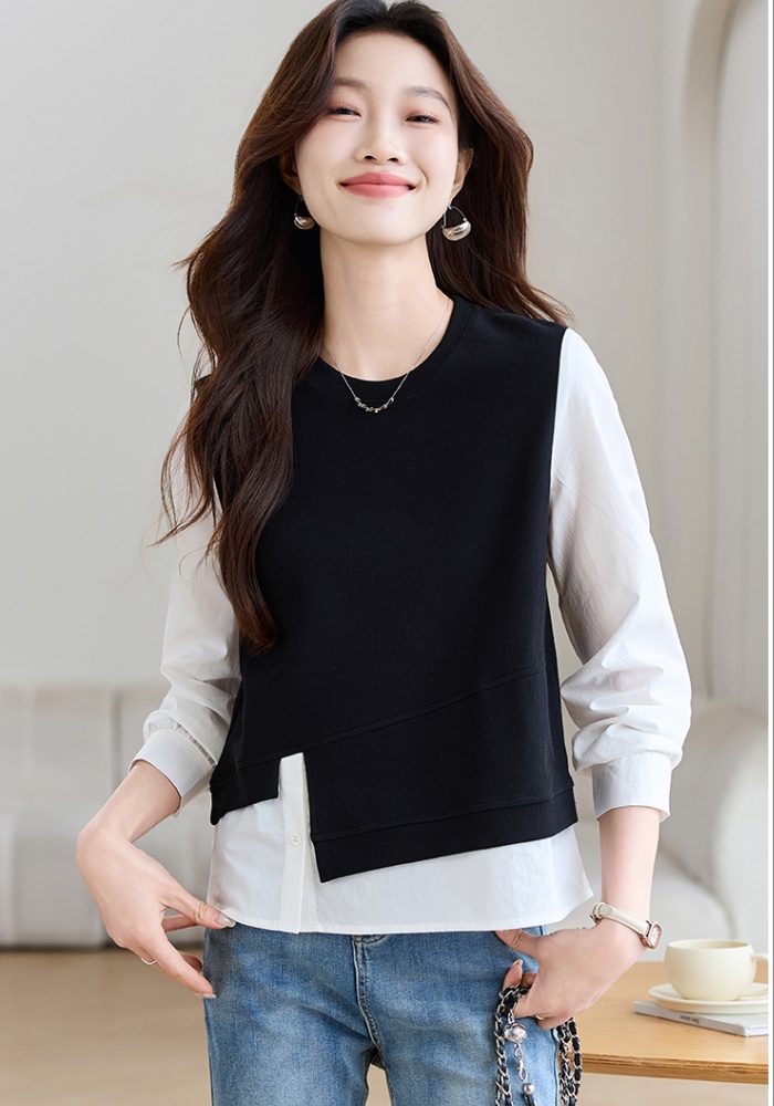 Spring splice tops knitted irregular hoodie for women