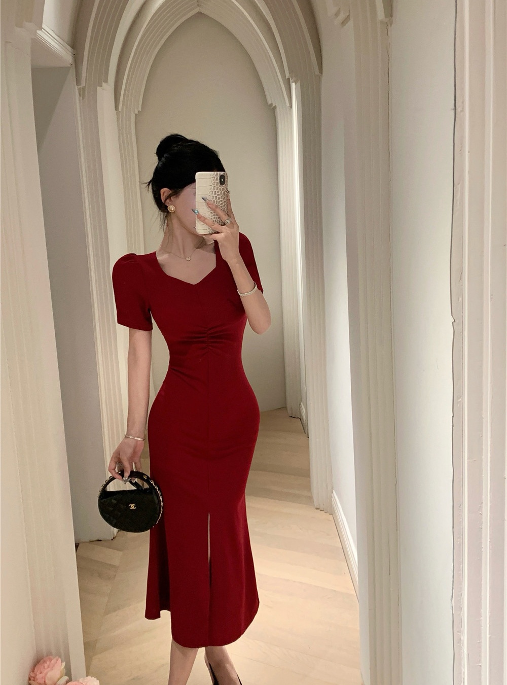 Split slim Casual puff sleeve fashion summer dress