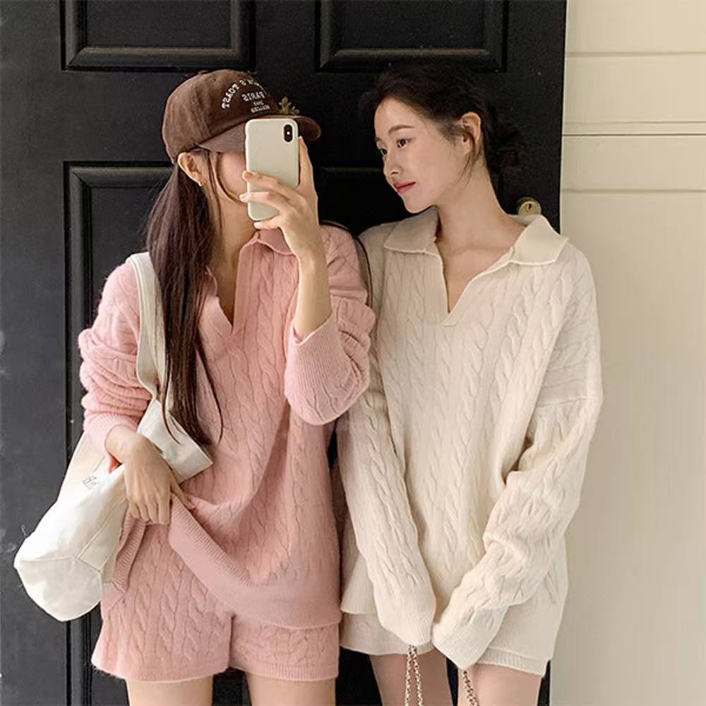 Loose knitted shorts Casual high waist sweater a set