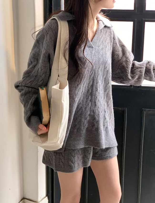 Loose knitted shorts Casual high waist sweater a set