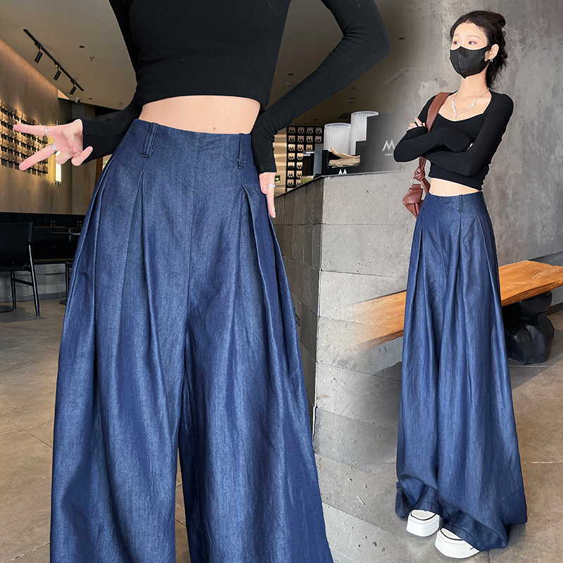 Denim straight wide leg pants mopping jeans for women