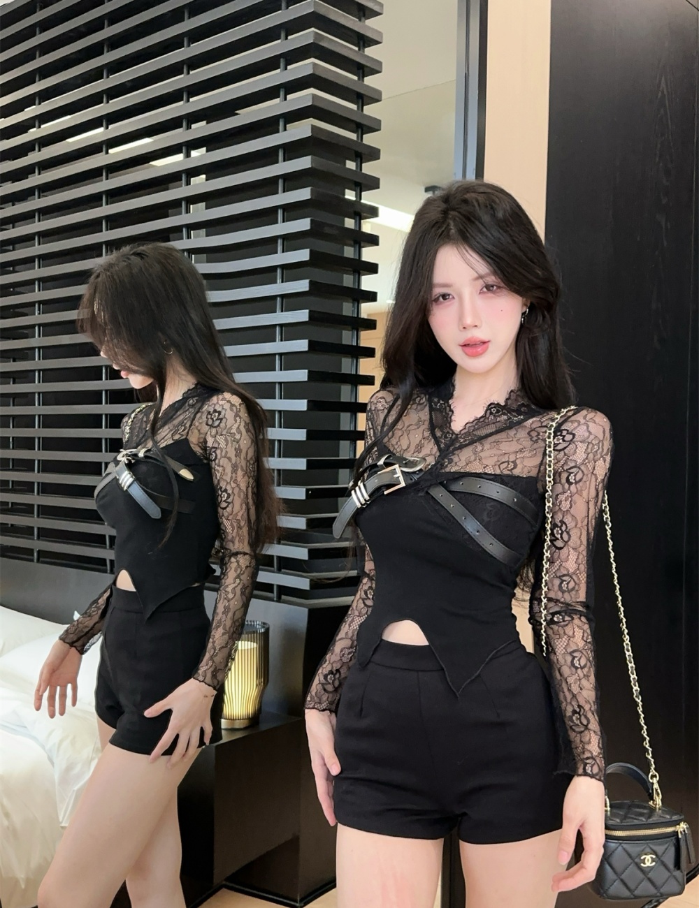 Short lace spicegirl shirts gauze long sleeve tops for women