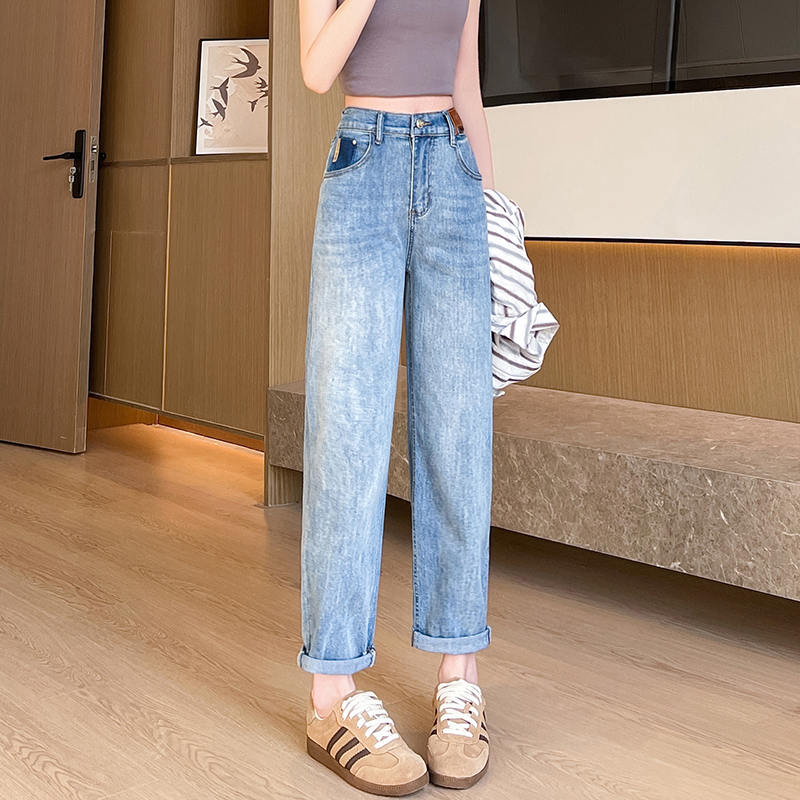 Straight spring pants slim light-blue jeans for women