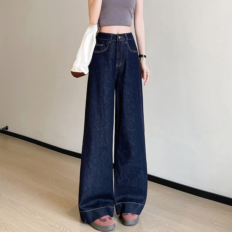 Straight wide leg micro-bomb spring loose navy blue jeans