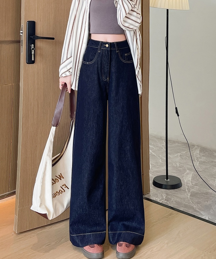 Straight wide leg micro-bomb spring loose navy blue jeans