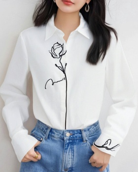 Embroidery placket rose tops lapel cotton spring shirt