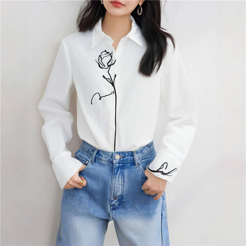 Embroidery placket rose tops lapel cotton spring shirt