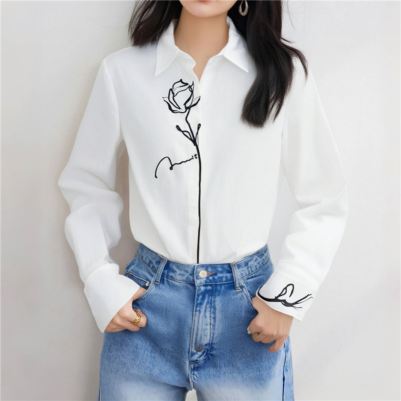 Embroidery placket rose tops lapel cotton spring shirt