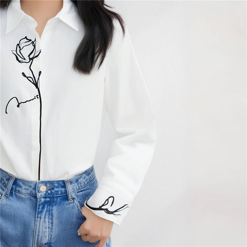 Embroidery placket rose tops lapel cotton spring shirt