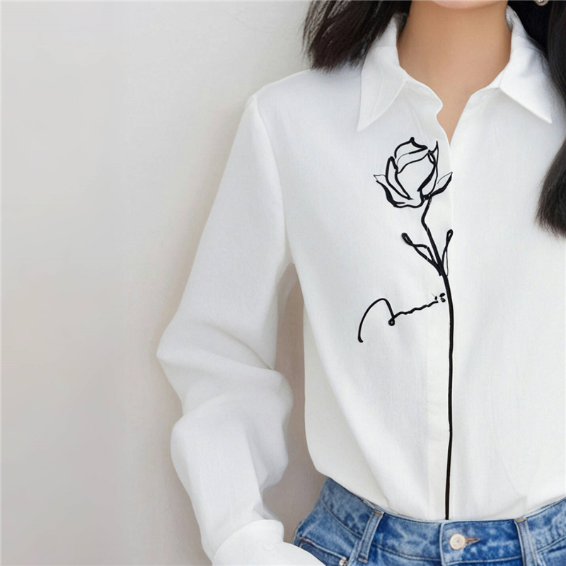 Embroidery placket rose tops lapel cotton spring shirt