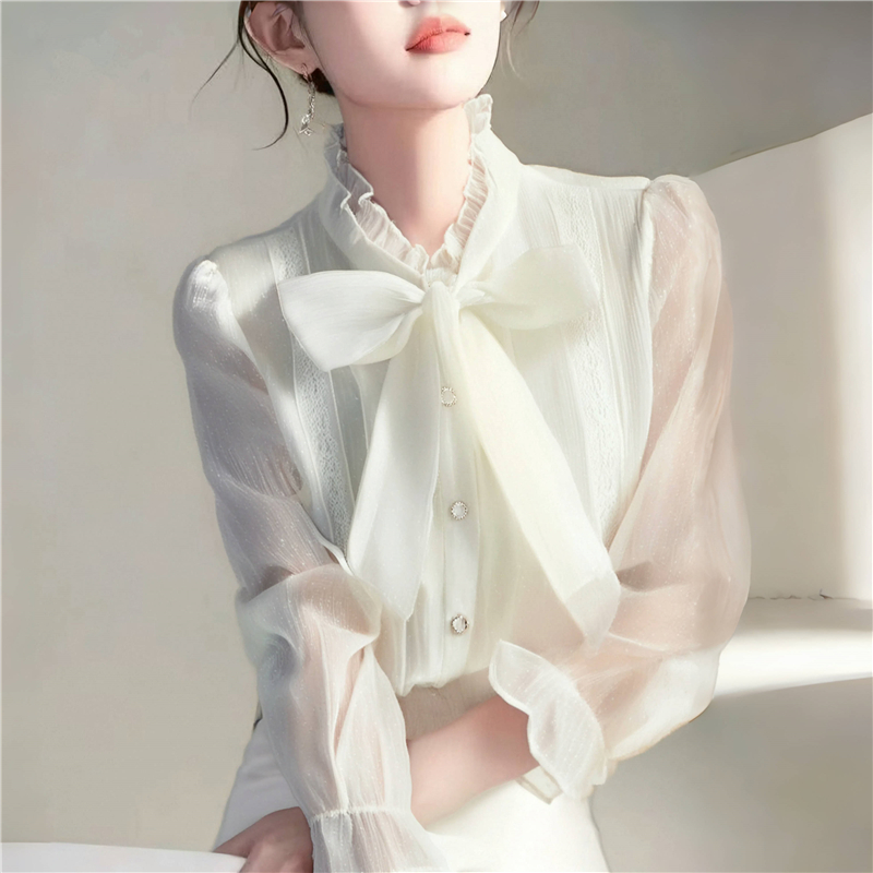 Temperament bow shirt France style long sleeve tops for women