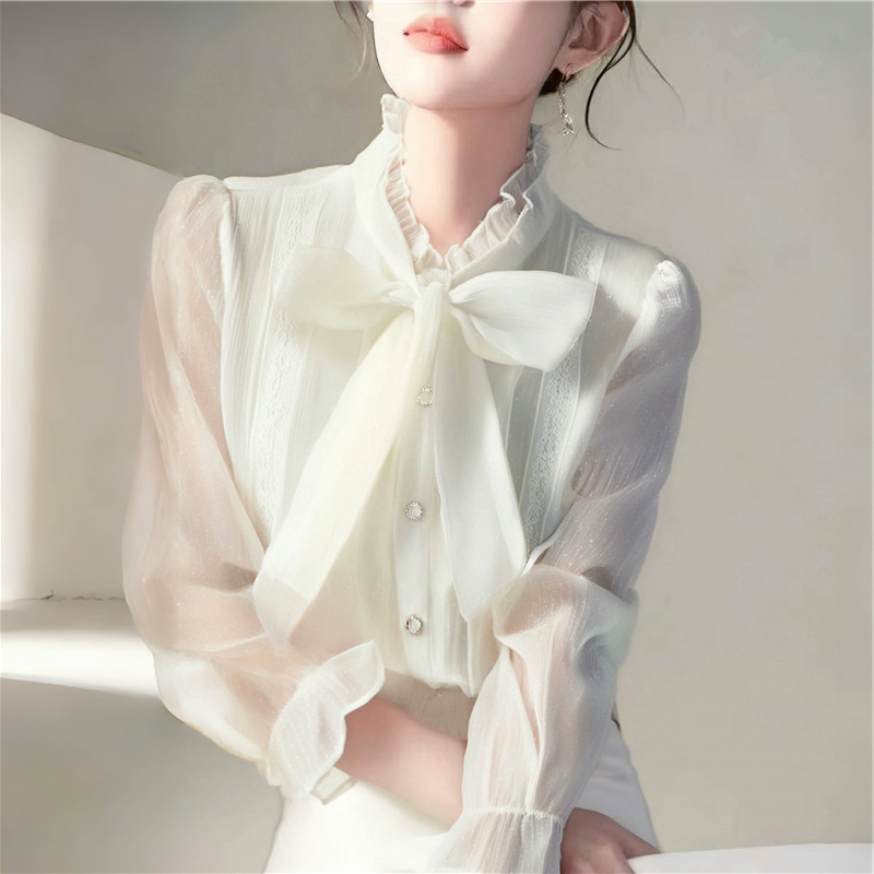 Temperament bow shirt France style long sleeve tops for women