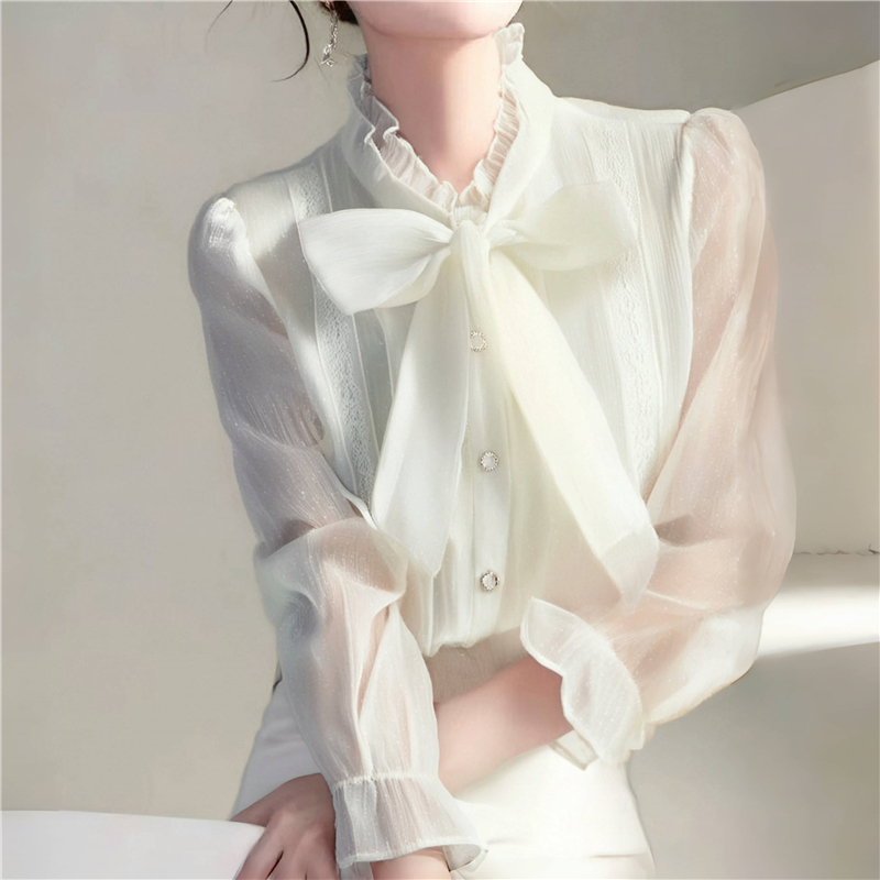 Temperament bow shirt France style long sleeve tops for women