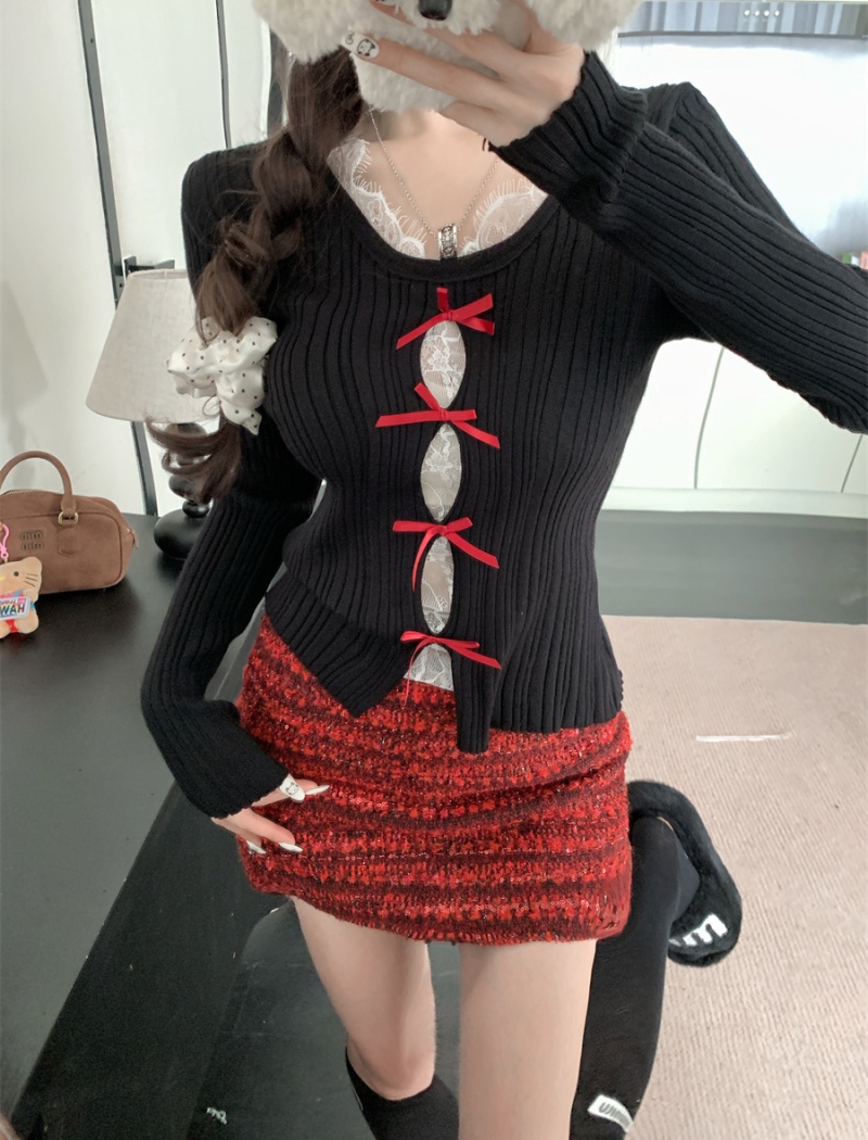 Spring niche hollow lace bow splice slim sweater