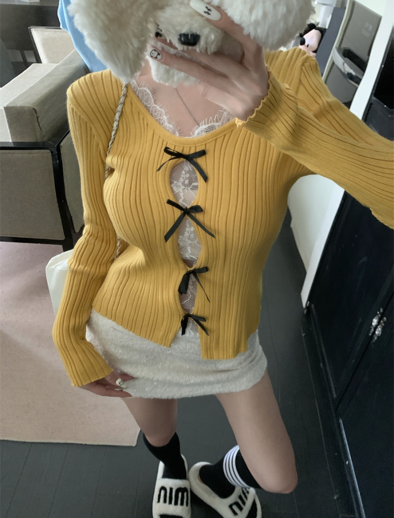 Spring niche hollow lace bow splice slim sweater