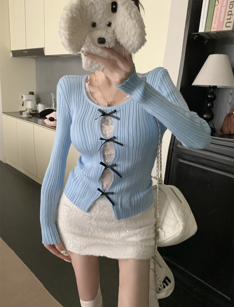 Spring niche hollow lace bow splice slim sweater