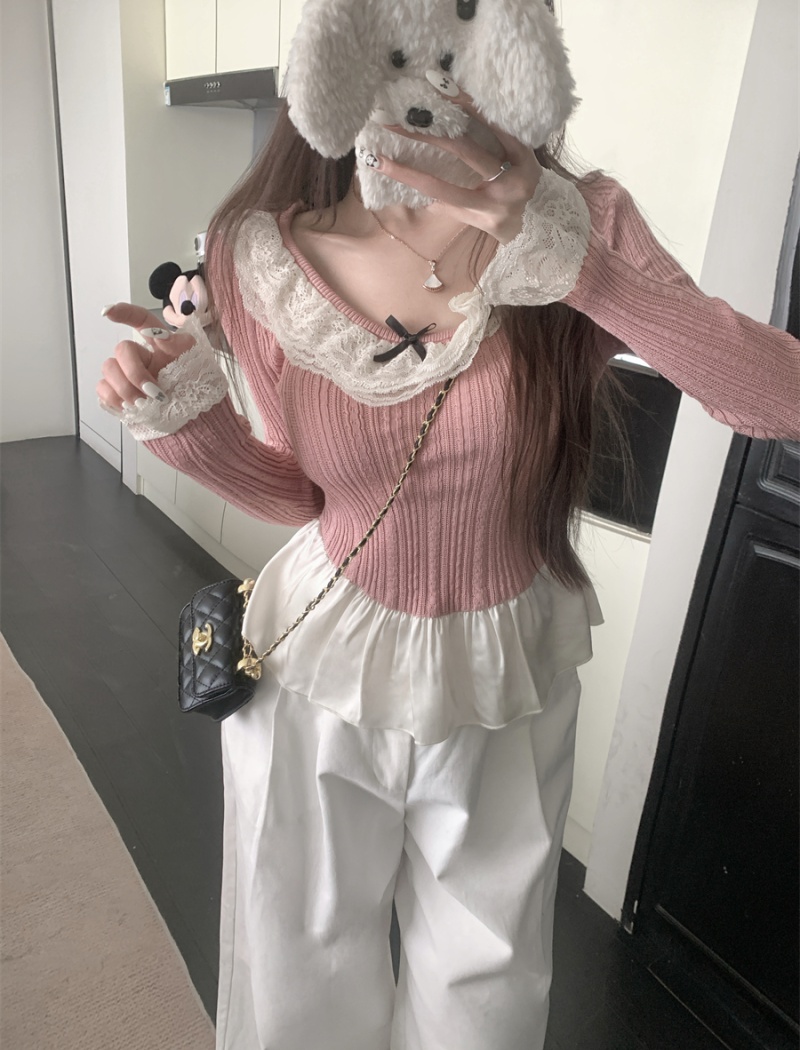 Square collar lace T-shirt long sleeve tops