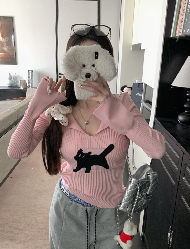 V-neck slim spring kitty knitted white bottoming shirt