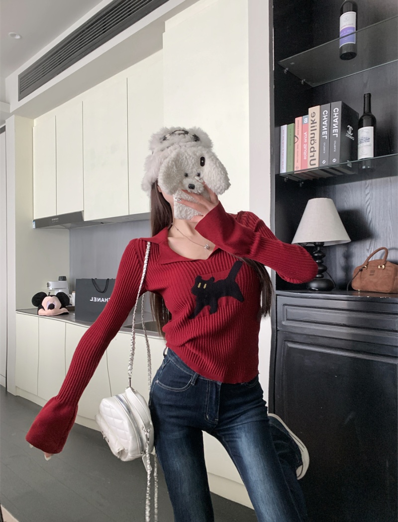 V-neck slim spring kitty knitted white bottoming shirt