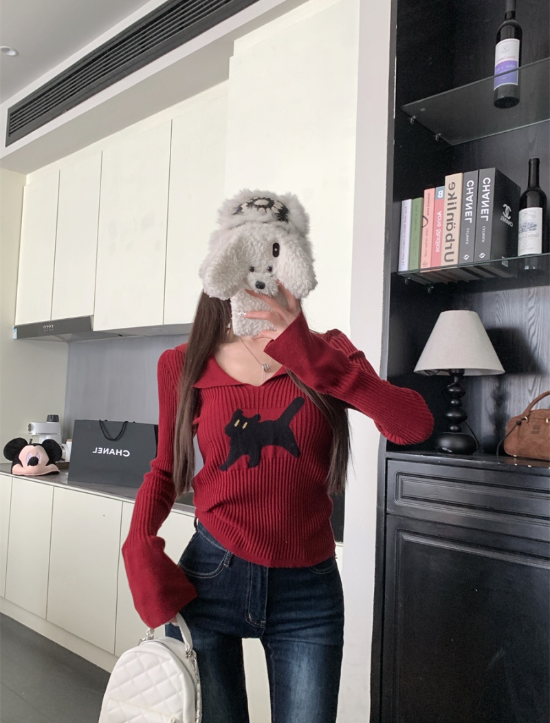 V-neck slim spring kitty knitted white bottoming shirt