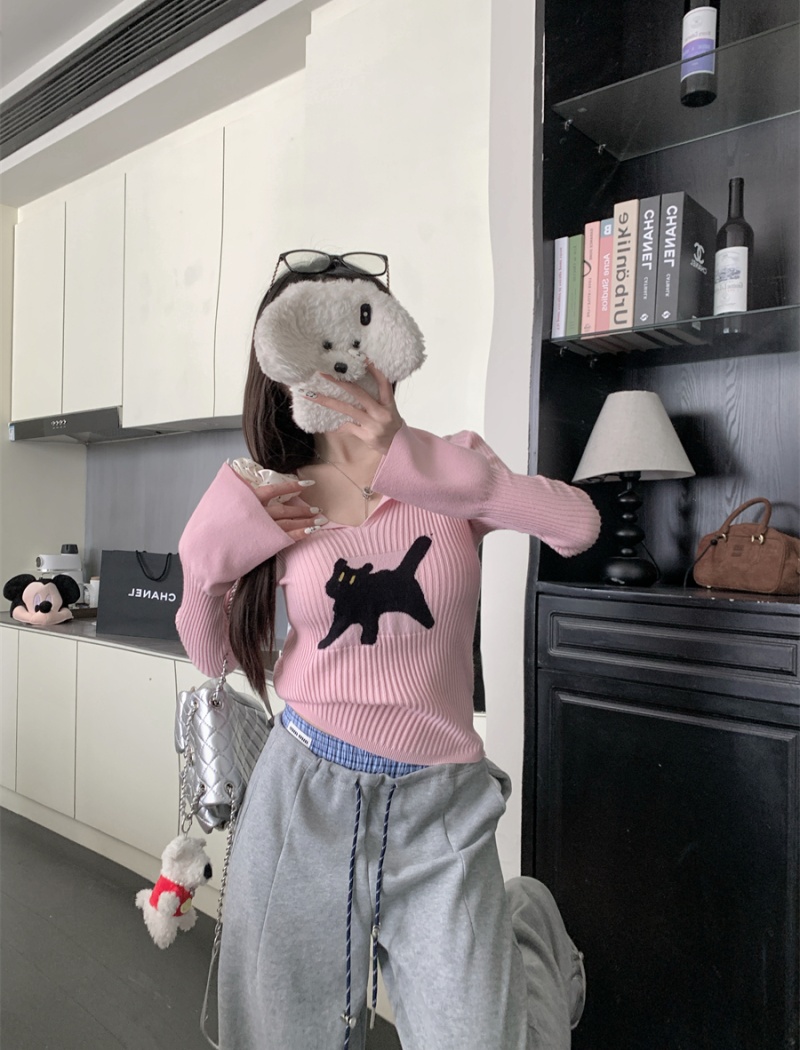 V-neck slim spring kitty knitted white bottoming shirt