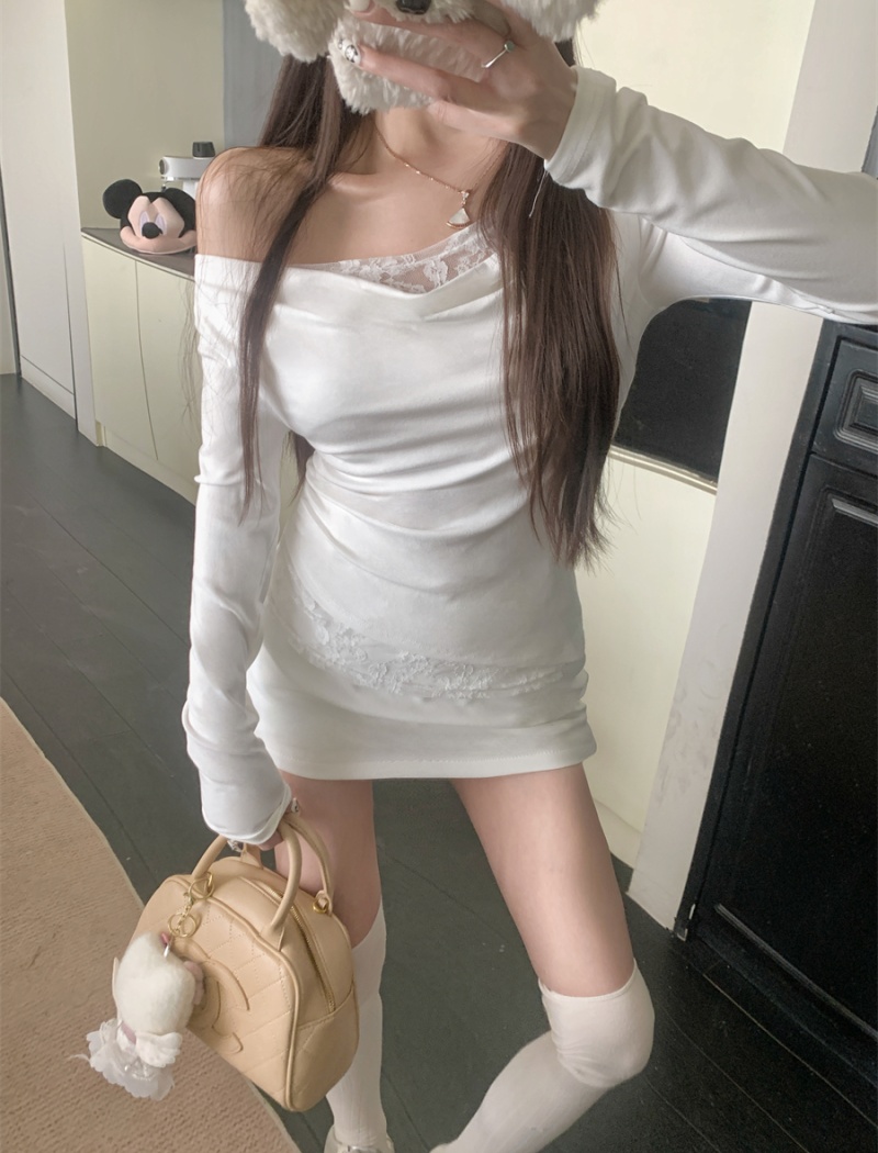 Slim long sleeve splice lace white bottoming shirt