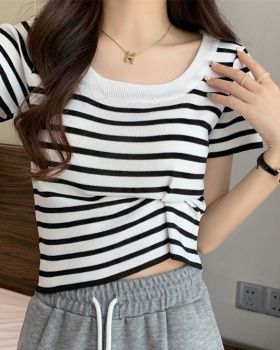 Slim square collar tops stripe sweater for women