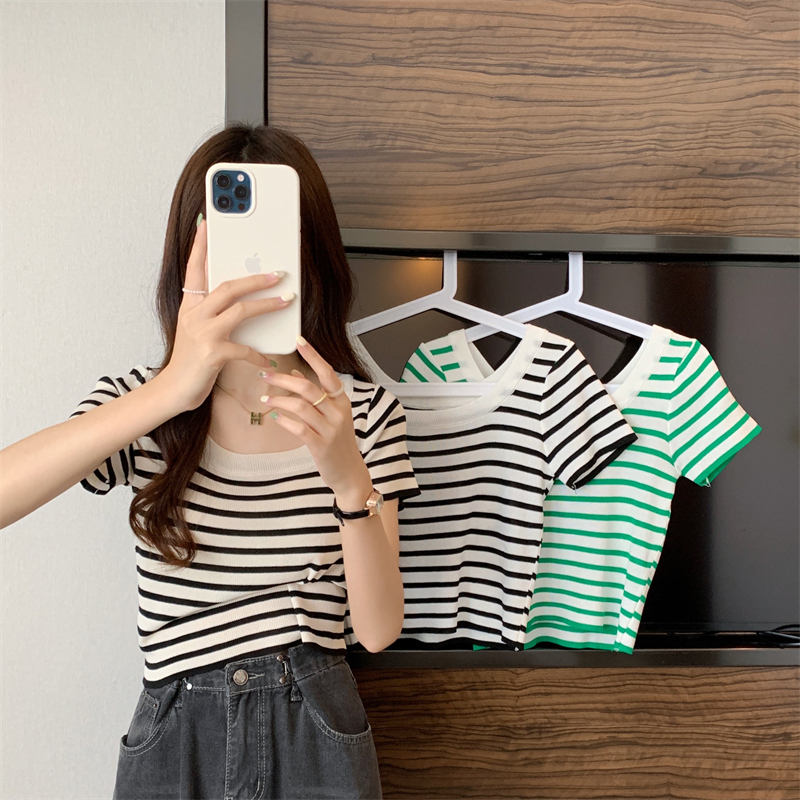 Slim square collar tops stripe sweater for women