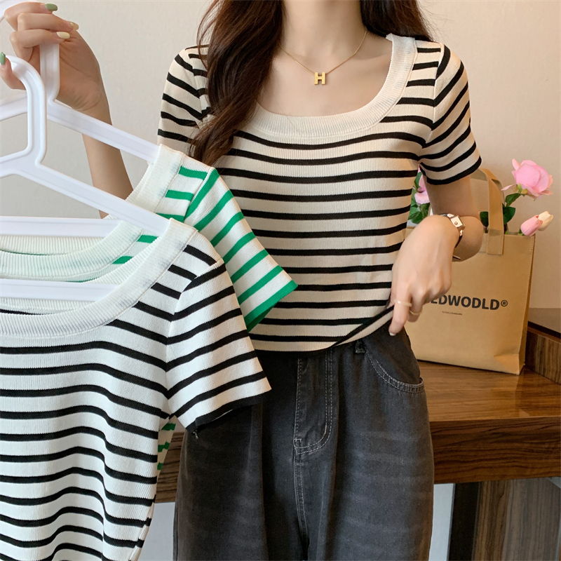 Slim square collar tops stripe sweater for women