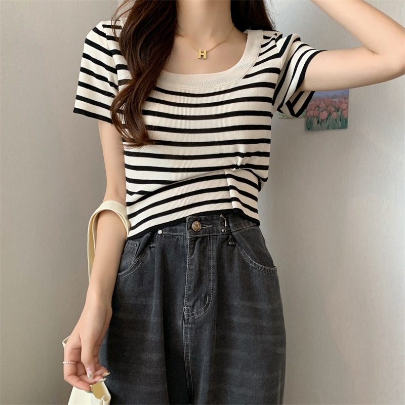 Slim square collar tops stripe sweater for women