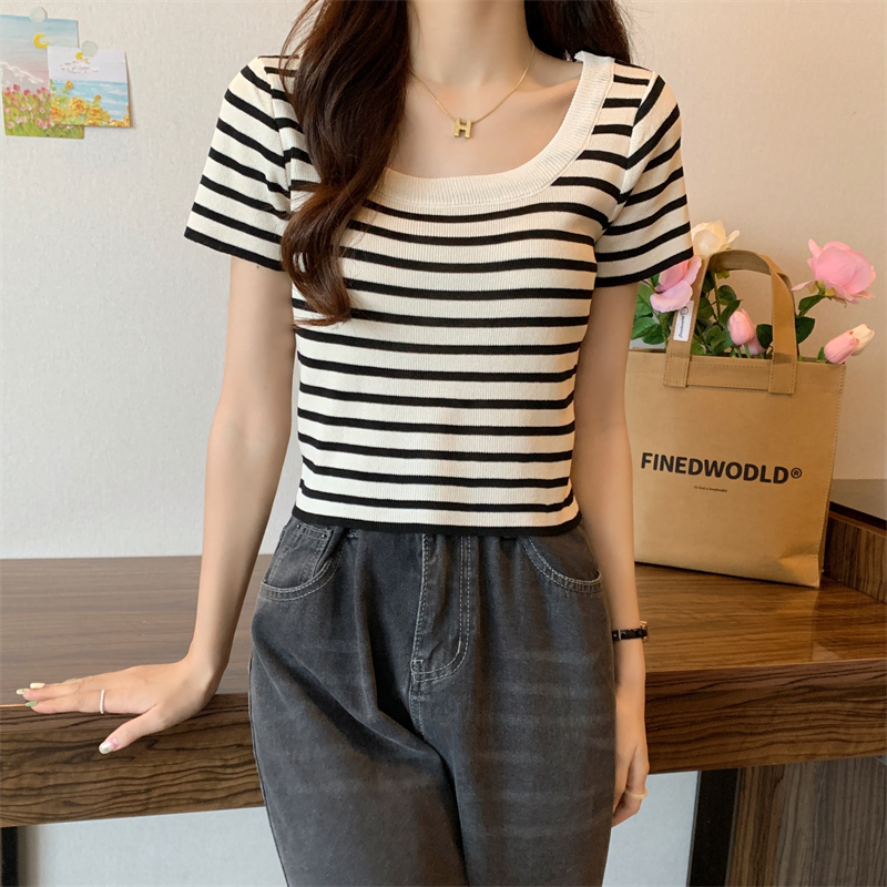 Slim square collar tops stripe sweater for women