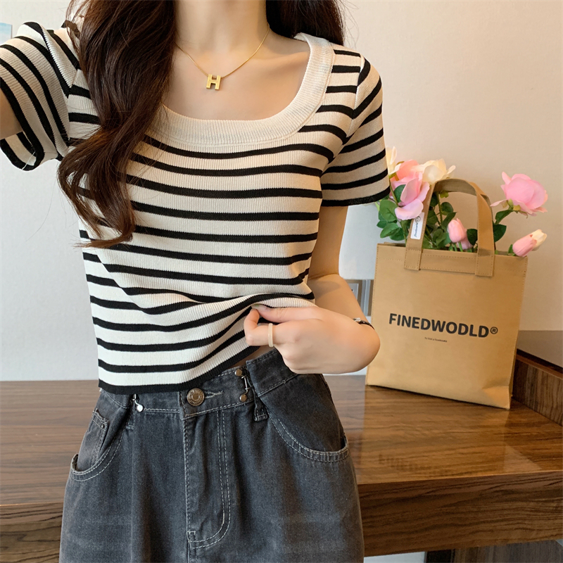 Slim square collar tops stripe sweater for women