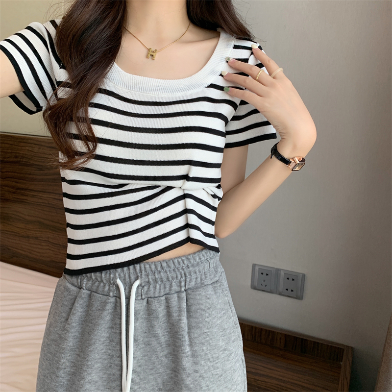 Slim square collar tops stripe sweater for women