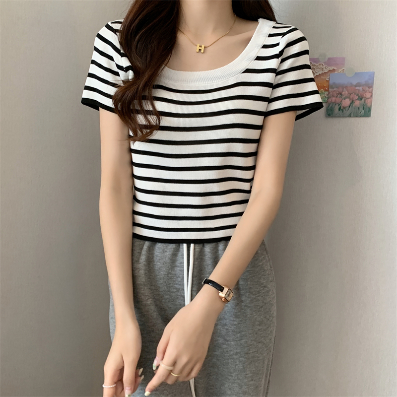 Slim square collar tops stripe sweater for women