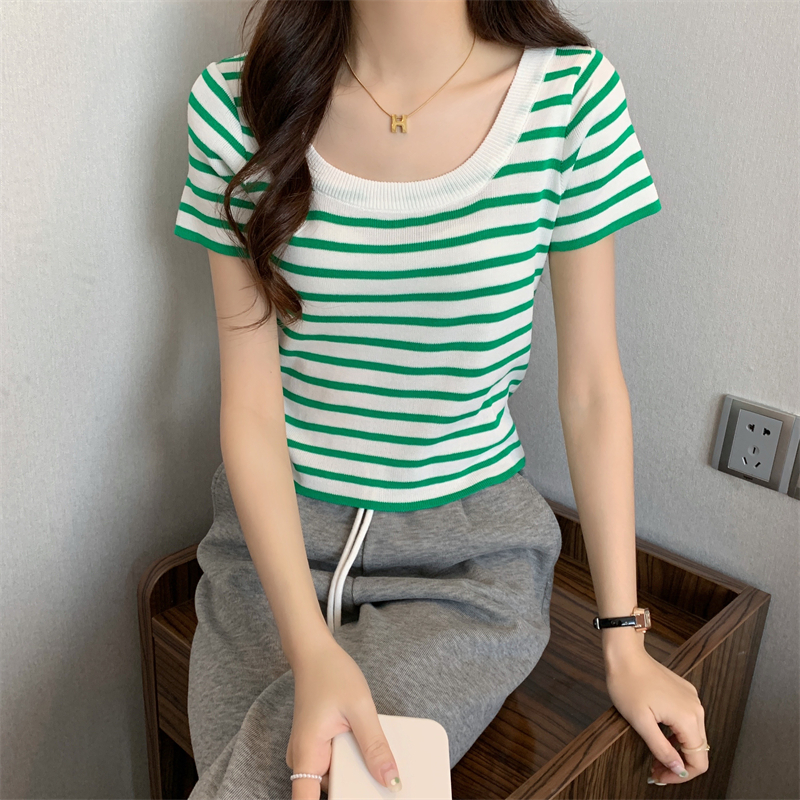 Slim square collar tops stripe sweater for women