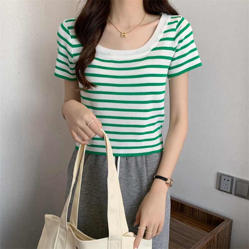 Slim square collar tops stripe sweater for women