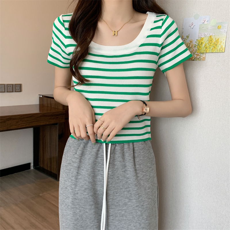 Slim square collar tops stripe sweater for women