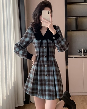 Retro pinched waist France style plaid dress