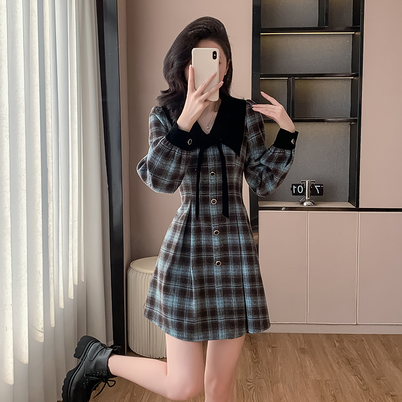 Retro pinched waist France style plaid dress