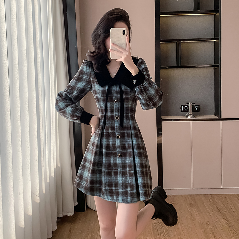 Retro pinched waist France style plaid dress