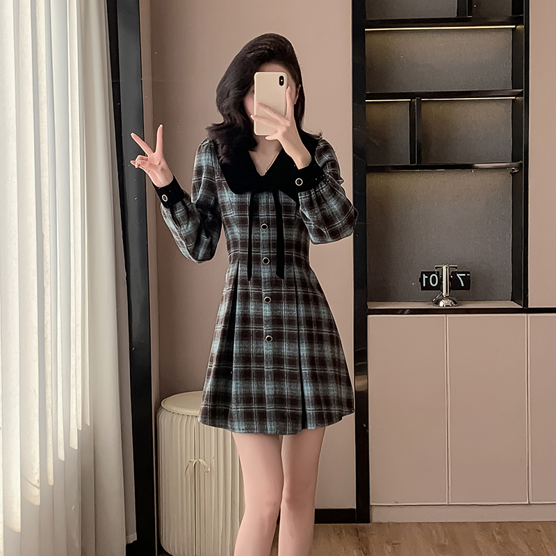 Retro pinched waist France style plaid dress