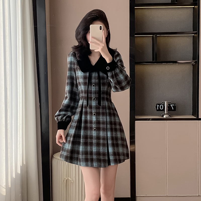 Retro pinched waist France style plaid dress