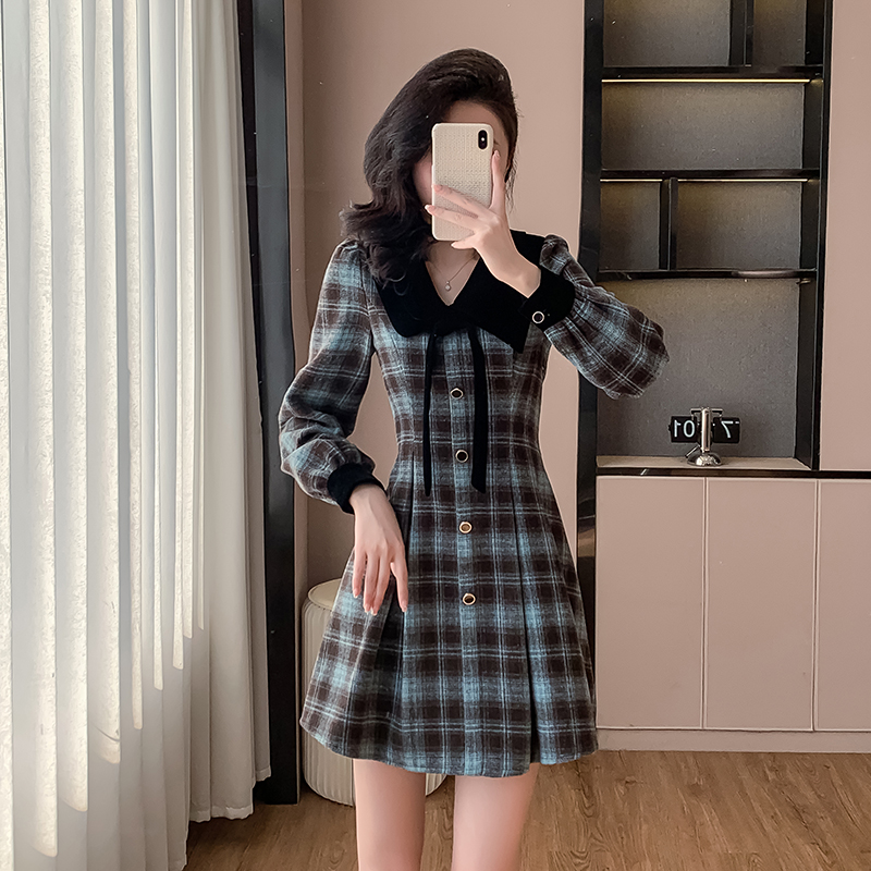 Retro pinched waist France style plaid dress