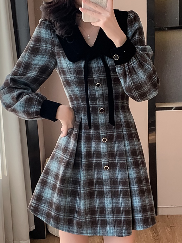 Retro pinched waist France style plaid dress